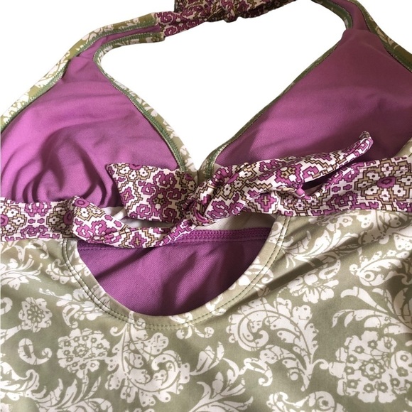 Athleta One Piece Halter Swimsuit Sz. XL Celery Purple Floral Cut Out Tied Back - Picture 2 of 7